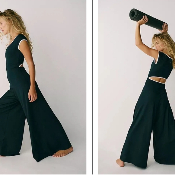 FP Movement by Free People Pants - Black Jumpsuit with White Trim Free People Movement Pipe Dream Onsie Nwt Large